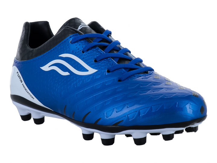 Zapato de fútbol para niños color azul con detalles blancos y negros, marca Furia.