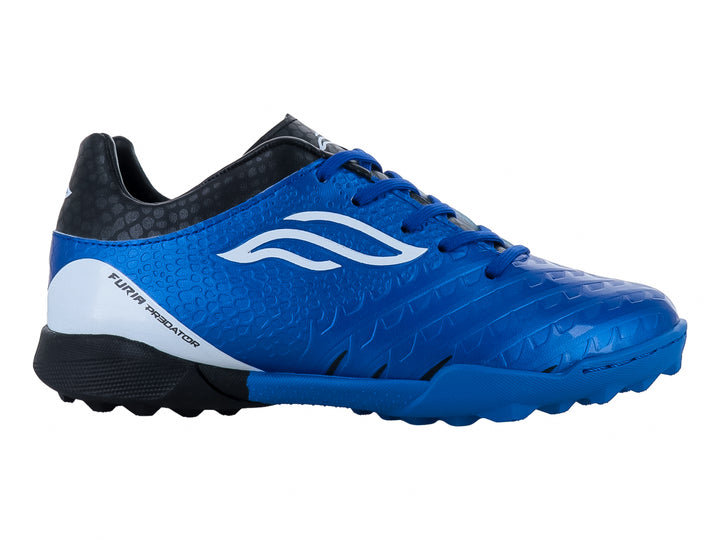 Zapato de fútbol para niño marca Furia en color azul rey con detalles en blanco y negro.