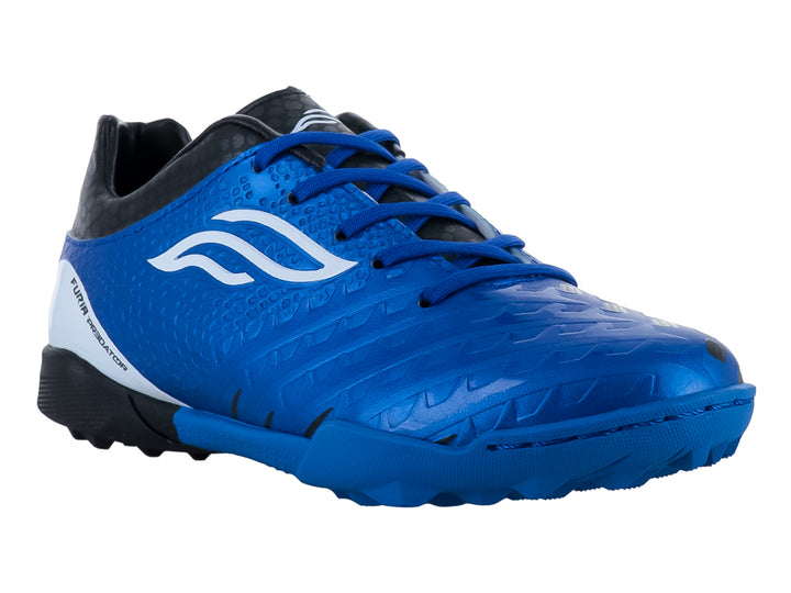Zapato de fútbol para niño marca Furia en color azul rey con detalles en blanco y negro.