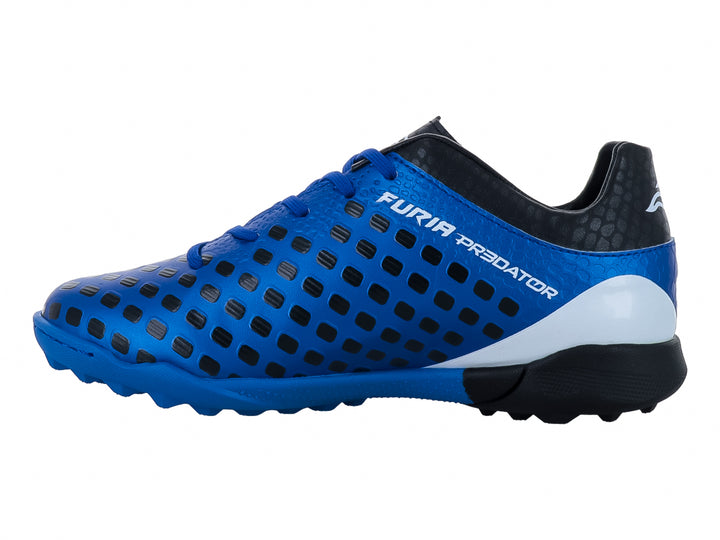 Zapato de fútbol para niño marca Furia en color azul rey con detalles en blanco y negro.