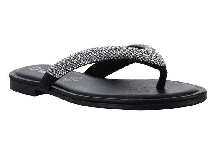 Sandalia plana negra con tira decorada con piedras brillantes.