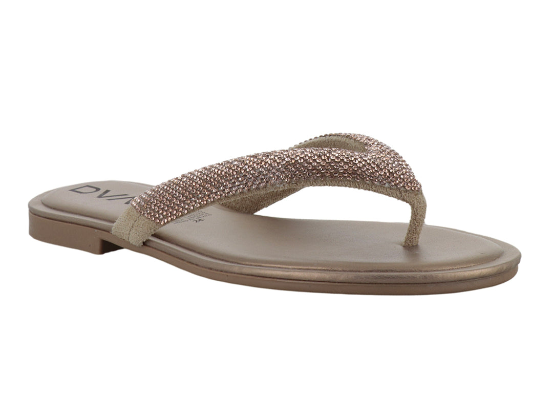 Sandalias planas de dedo en color oro con tira brillante y suela plana.