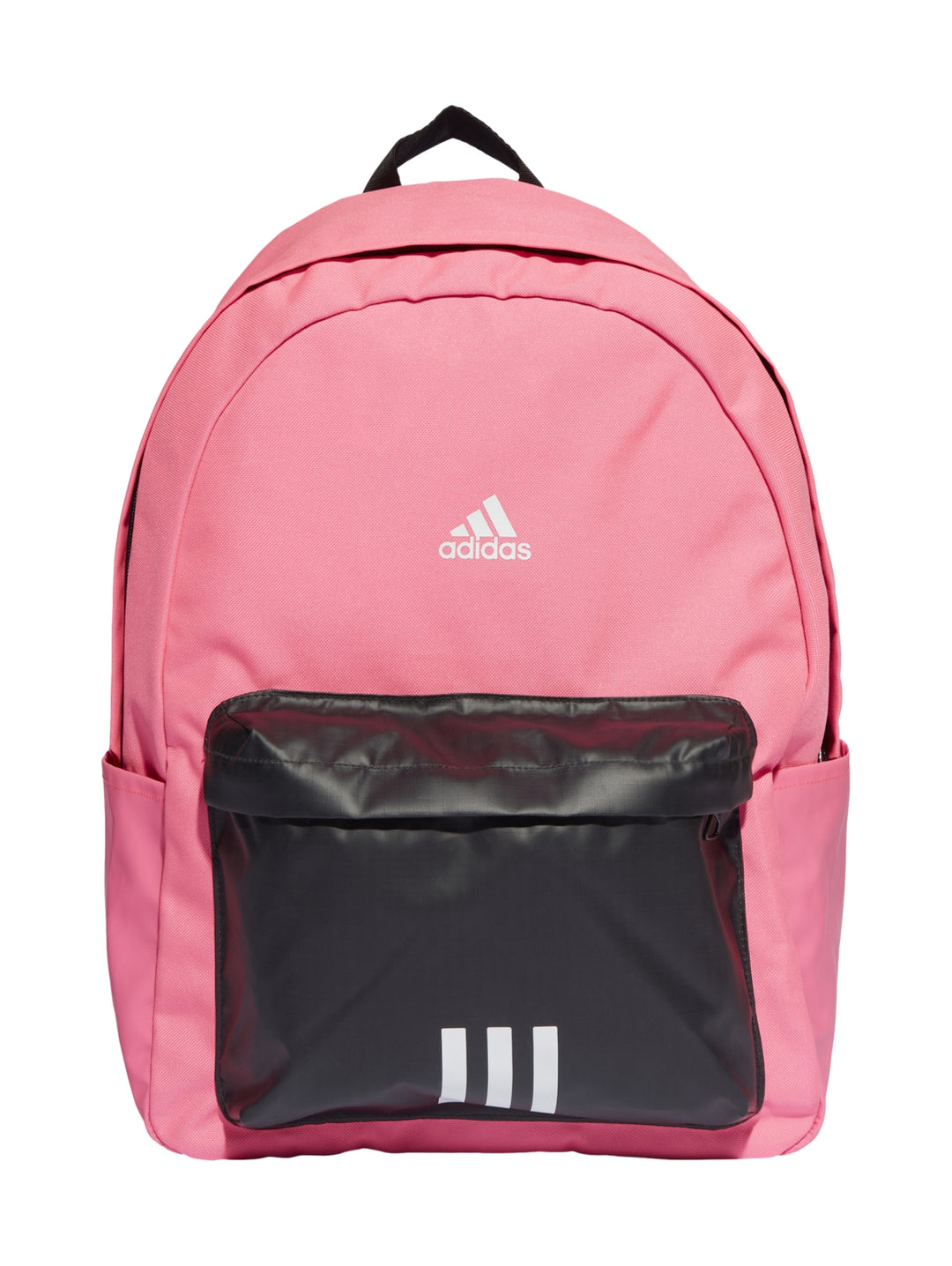 Mochila Adidas color rosa con bolsillo frontal negro y logotipo blanco en el centro.
