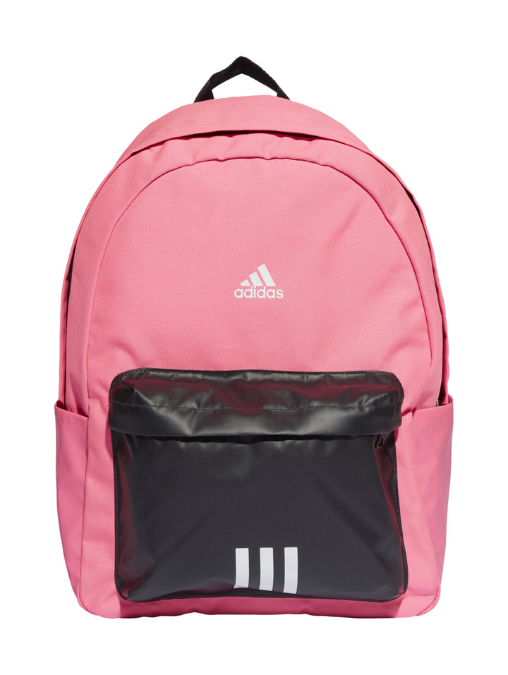 Mochila Adidas color rosa con bolsillo frontal negro y logotipo blanco en el centro.