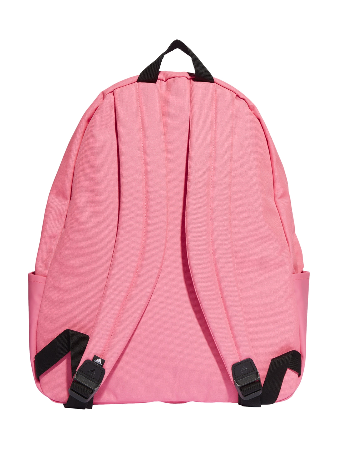 Mochila Adidas color rosa con bolsillo frontal negro y logotipo blanco en el centro.