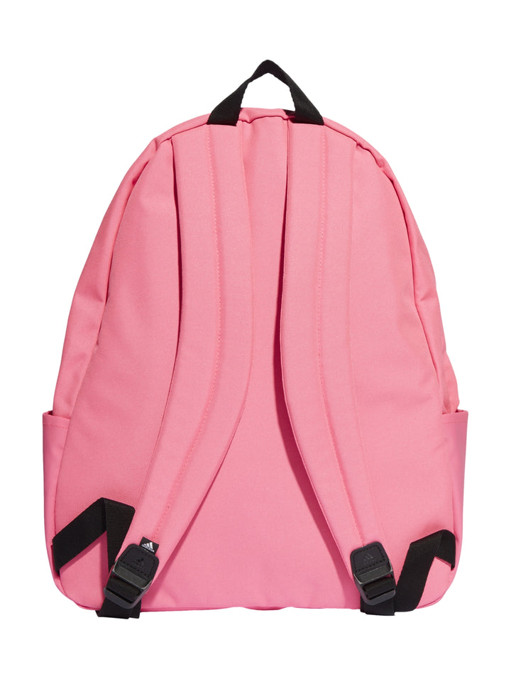 Mochila Adidas color rosa con bolsillo frontal negro y logotipo blanco en el centro.