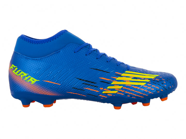 Zapato de fútbol marca Furia en color azul con detalles en naranja y amarillo y tacos naranjas.