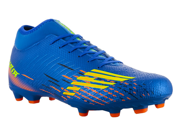 Zapato de fútbol marca Furia en color azul con detalles en naranja y amarillo y tacos naranjas.