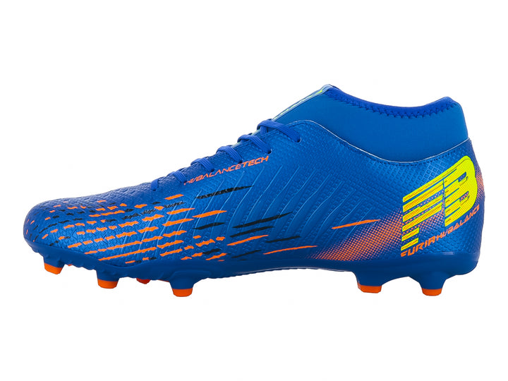Zapato de fútbol marca Furia en color azul con detalles en naranja y amarillo y tacos naranjas.