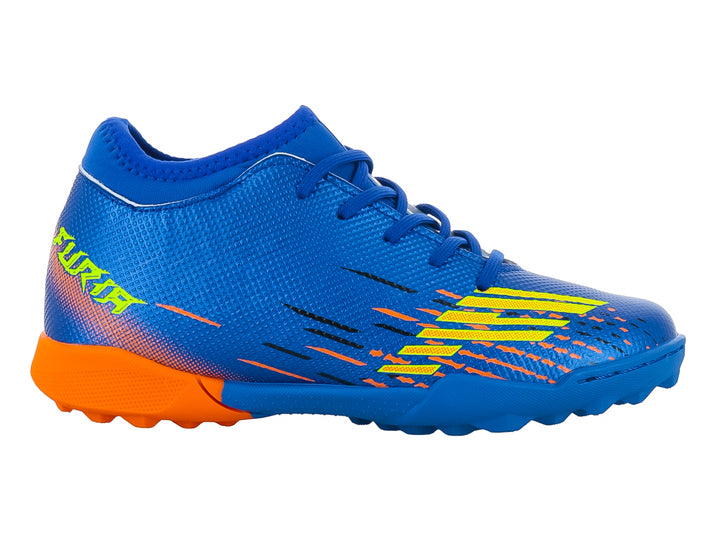Zapato de fútbol para niño en color azul con detalles en naranja y amarillo.