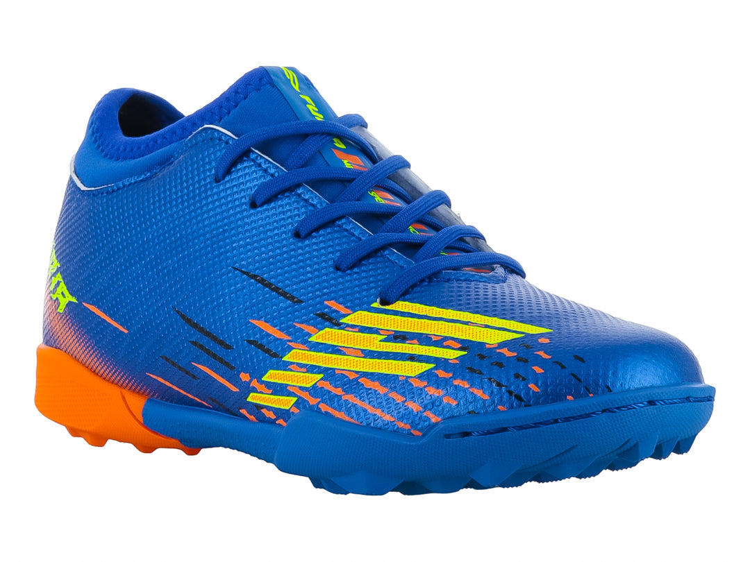 Zapato de fútbol para niño en color azul con detalles en naranja y amarillo.