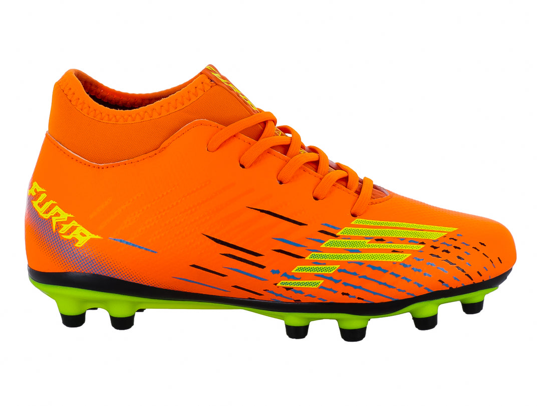 Zapato de fútbol Furia para niños en color naranja con detalles en verde neón y negro, diseño para pasto natural.