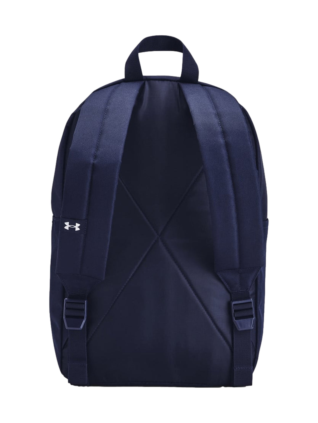 Mochila Under Armour color azul marino con logotipo blanco en el centro y bolsillo frontal con cierre.