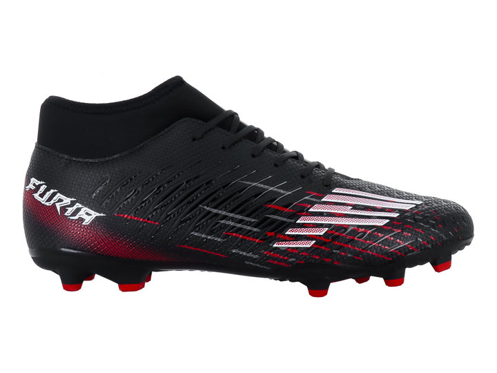 Zapato de fútbol FURIA color negro con detalles y tacos en color rojo.