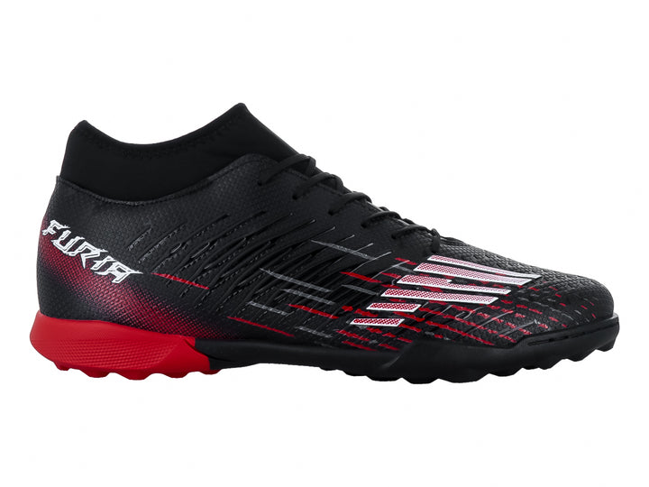 Zapato de fútbol turf marca Furia en color negro con detalles y suela trasera en rojo.