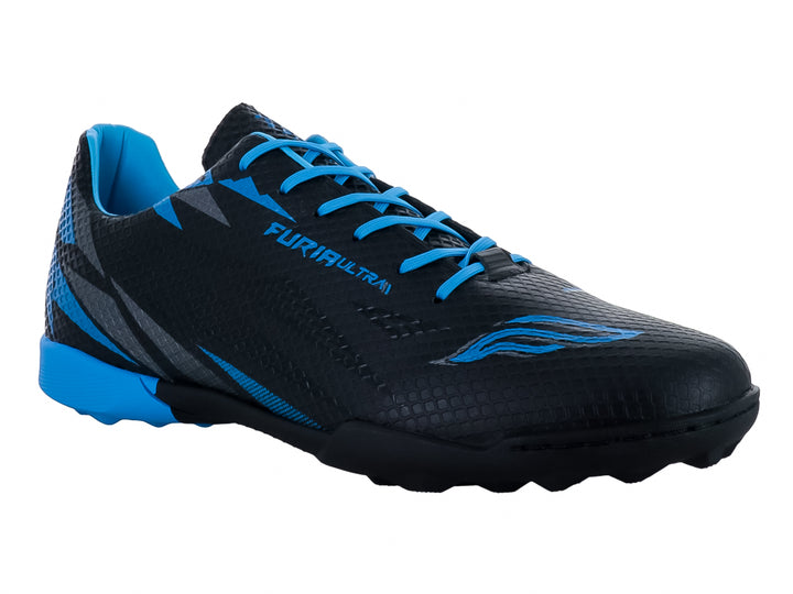 Zapato de fútbol Furia color negro con detalles y suela azul, diseño deportivo sintético.