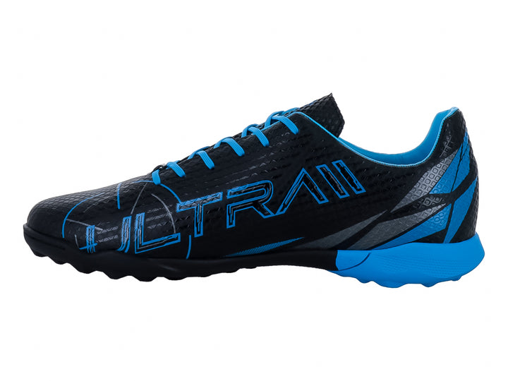 Zapato de fútbol Furia color negro con detalles y suela azul, diseño deportivo sintético.