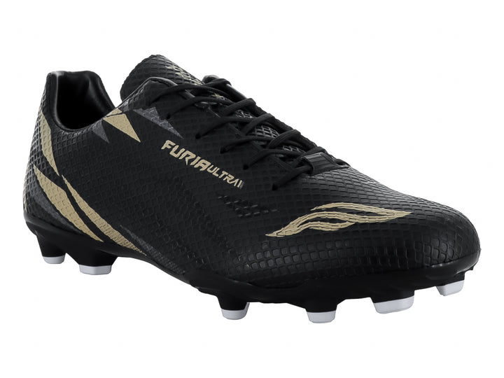 Calzado de fútbol FURIA color negro con detalles dorados y tacos blancos.