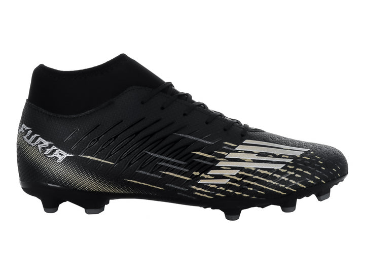 Zapato de fútbol marca Furia en color negro con detalles decorativos en plata y oro, diseño de corte bajo.