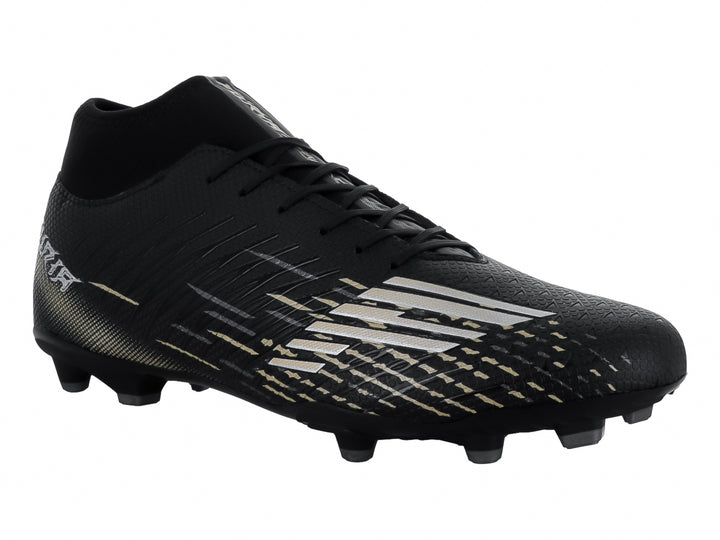 Zapato de fútbol marca Furia en color negro con detalles decorativos en plata y oro, diseño de corte bajo.