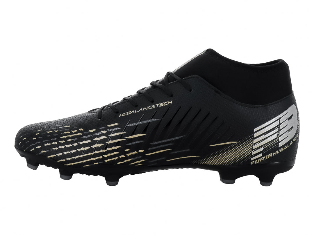 Zapato de fútbol marca Furia en color negro con detalles decorativos en plata y oro, diseño de corte bajo.