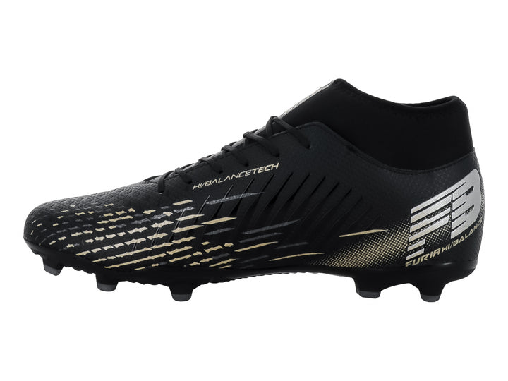 Zapato de fútbol marca Furia en color negro con detalles decorativos en plata y oro, diseño de corte bajo.