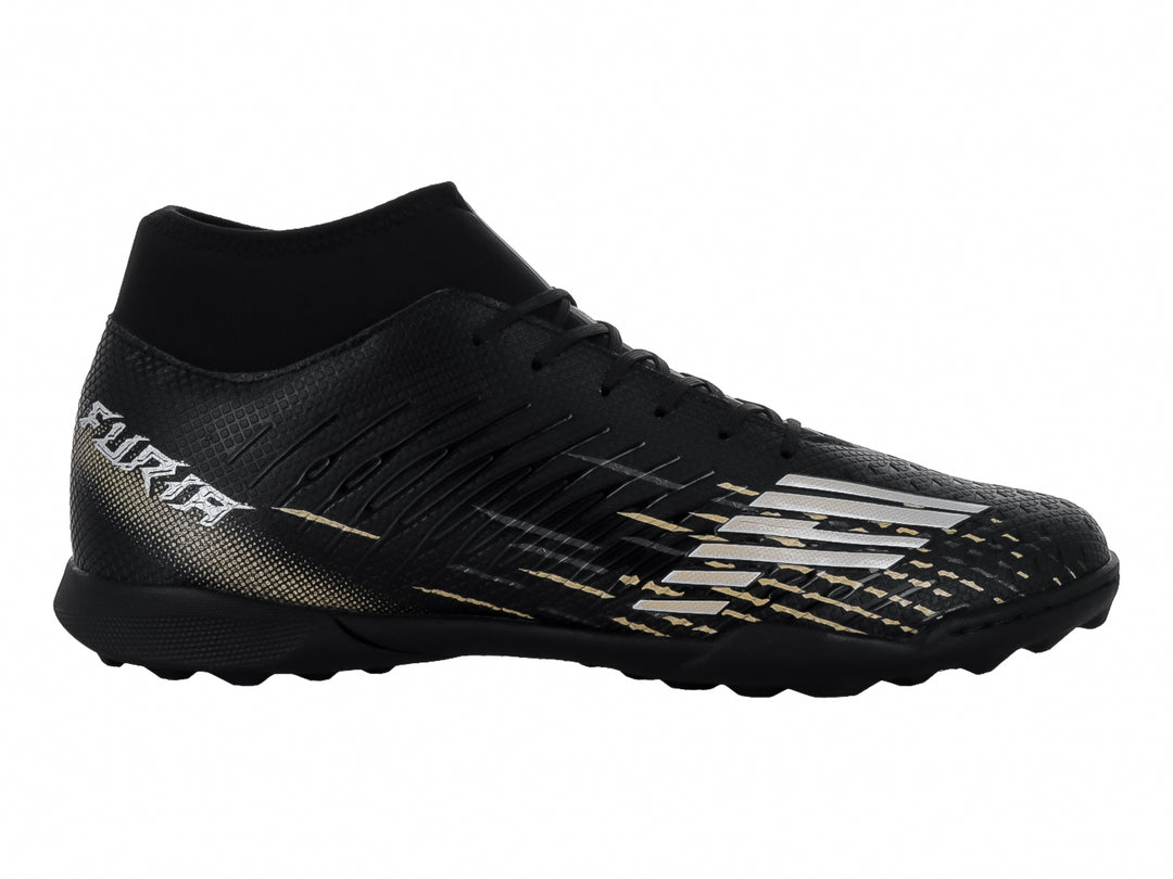 Zapato de fútbol Furia modelo 1515 TF en color negro con detalles en plata y oro, diseño tipo calcetín.