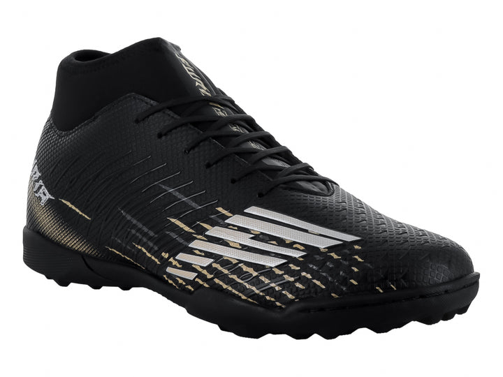 Zapato de fútbol Furia modelo 1515 TF en color negro con detalles en plata y oro, diseño tipo calcetín.