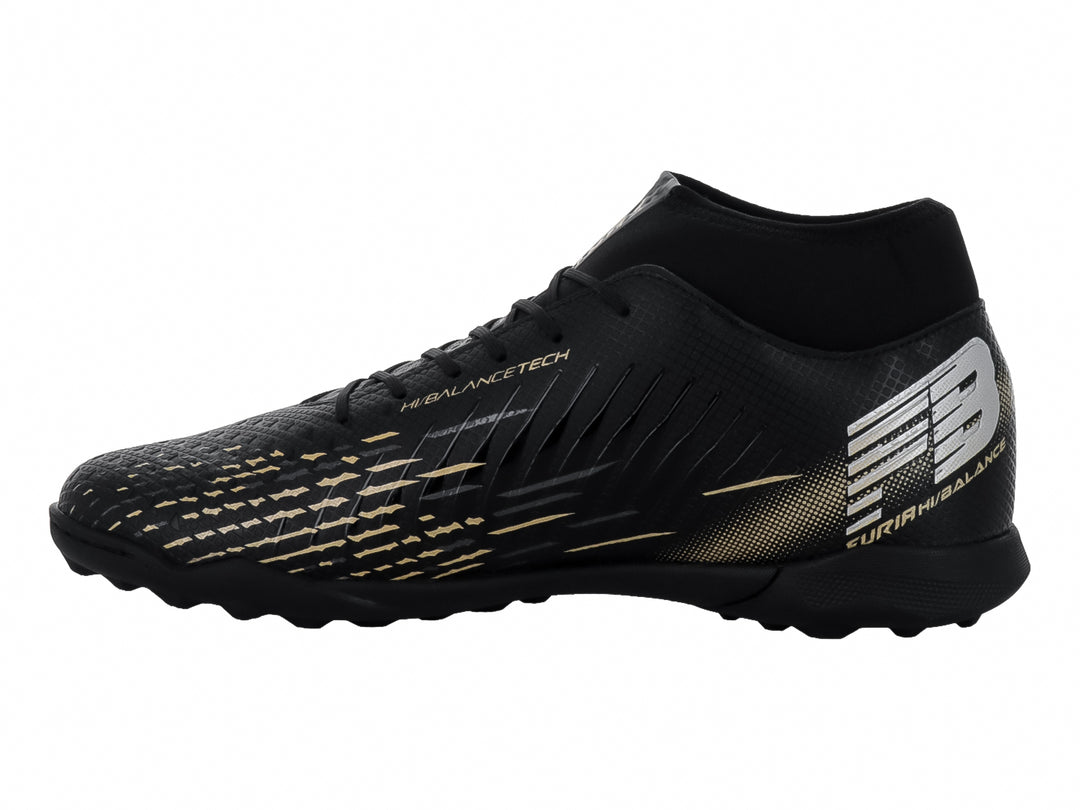 Zapato de fútbol Furia modelo 1515 TF en color negro con detalles en plata y oro, diseño tipo calcetín.