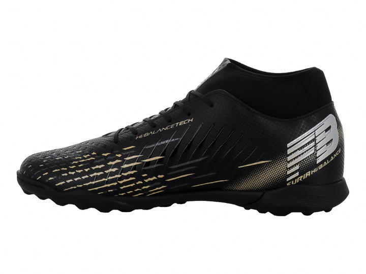Zapato de fútbol Furia modelo 1515 TF en color negro con detalles en plata y oro, diseño tipo calcetín.