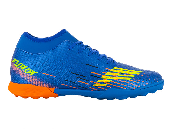 Calzado de fútbol Furia en color azul con suela naranja y detalles amarillos laterales.