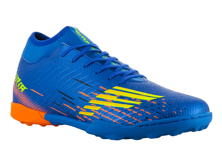Calzado de fútbol Furia en color azul con suela naranja y detalles amarillos laterales.