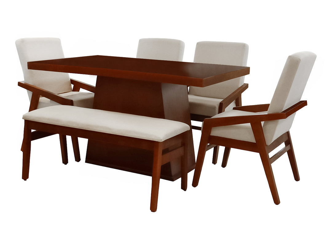 Conjunto de comedor color nogal con mesa rectangular, cuatro sillas blancas y una banca coordinada.