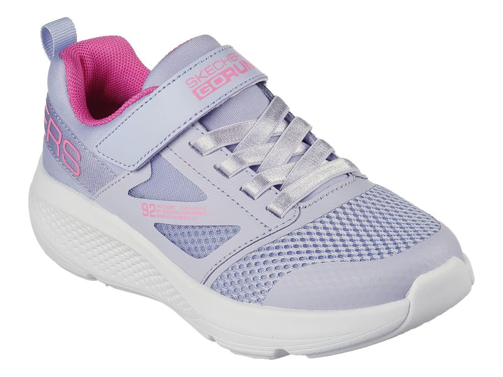 Tenis deportivos Skechers para niña en color lavanda con detalles rosa y suela blanca.