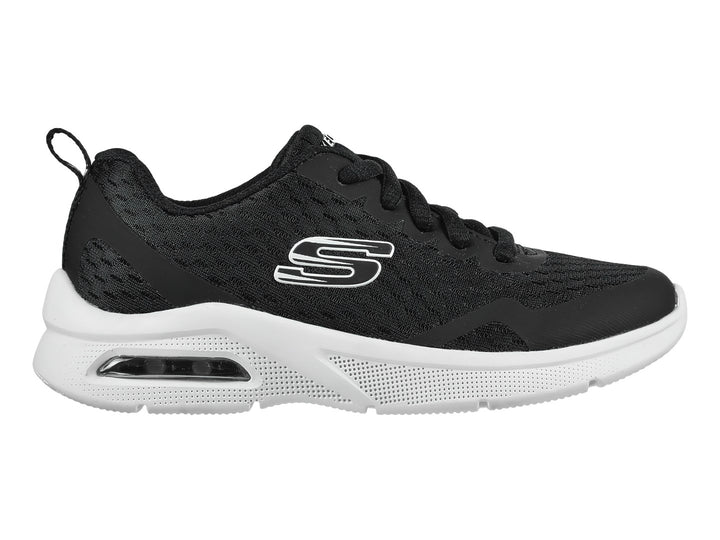 Tenis deportivos Skechers MicroSpec Max color negro con suela blanca.
