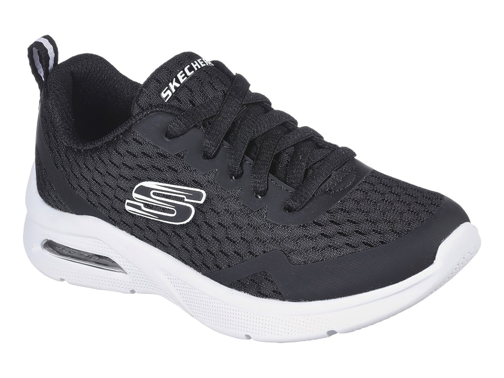 Tenis deportivos Skechers MicroSpec Max color negro con suela blanca.