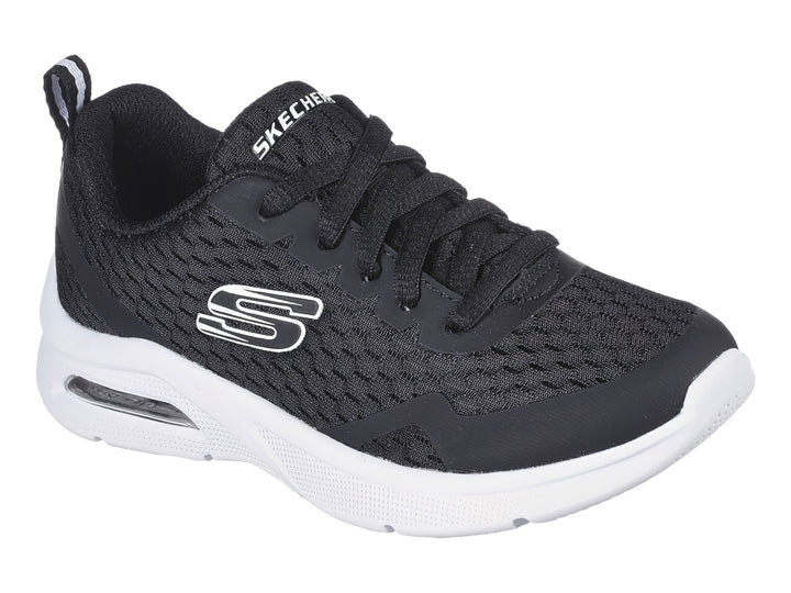 Tenis deportivos Skechers MicroSpec Max color negro con suela blanca.