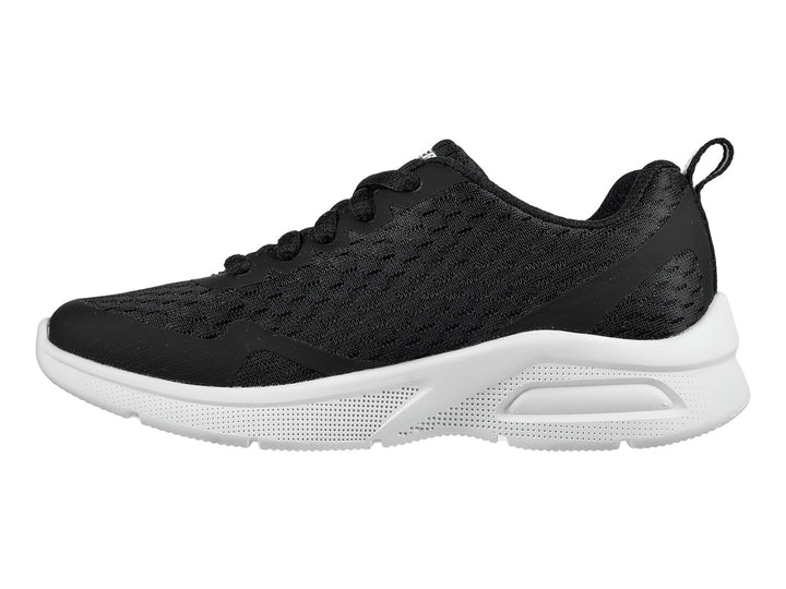 Tenis deportivos Skechers MicroSpec Max color negro con suela blanca.