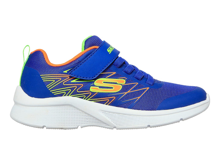 Tenis deportivos Skechers para niño en color azul con detalles multicolores, suela blanca y cierre de velcro.