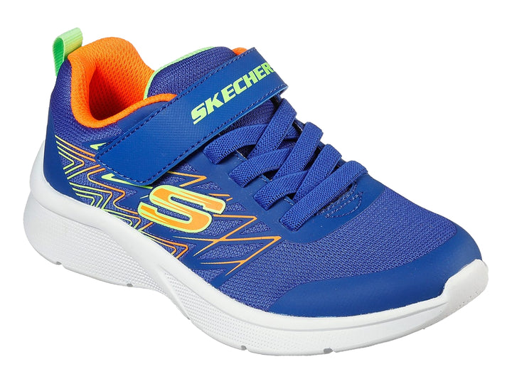 Tenis deportivos Skechers para niño en color azul con detalles multicolores, suela blanca y cierre de velcro.
