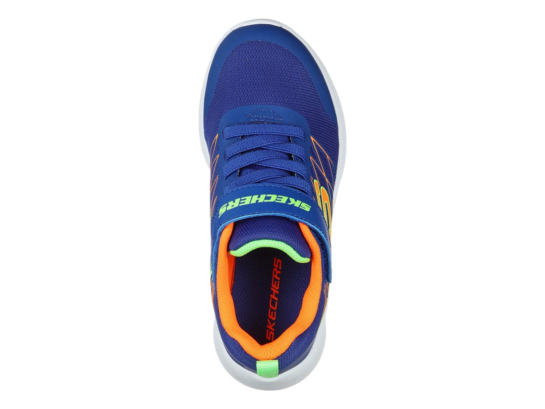 Tenis deportivos Skechers para niño en color azul con detalles multicolores, suela blanca y cierre de velcro.