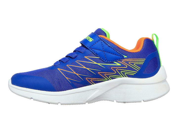 Tenis deportivos Skechers para niño en color azul con detalles multicolores, suela blanca y cierre de velcro.