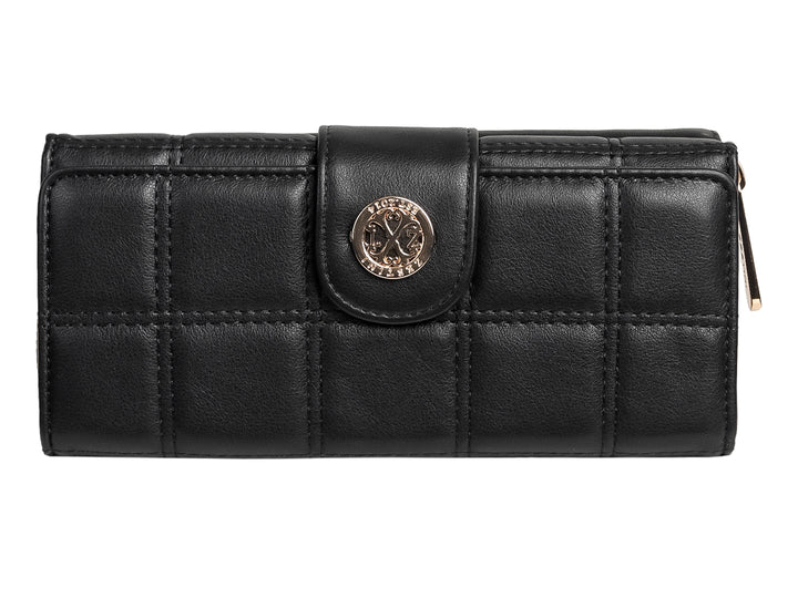 Cartera negra de Felianna con diseño acolchado en cuadrícula, cierre lateral y broche circular metálico.