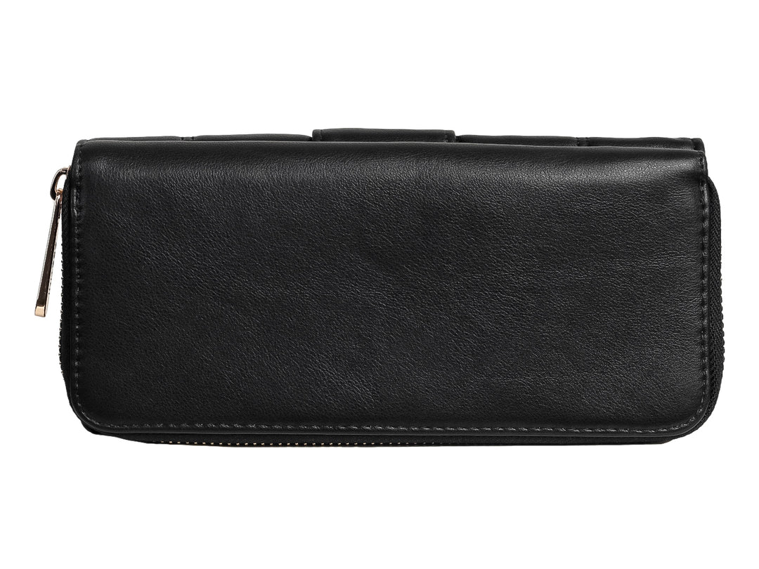 Cartera negra de Felianna con diseño acolchado en cuadrícula, cierre lateral y broche circular metálico.