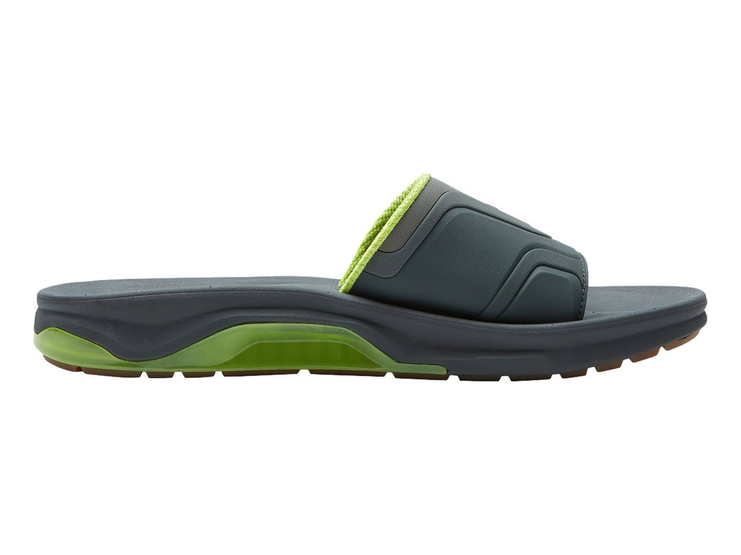 Sandalia Quiksilver color gris con detalles en verde lima, vista lateral.