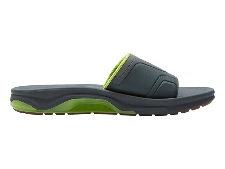 Sandalia Quiksilver color gris con detalles en verde lima, vista lateral.