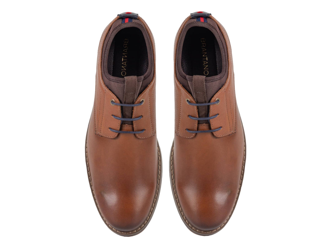 Zapato formal de cuero color marrón con cordones azules y suela oscura.