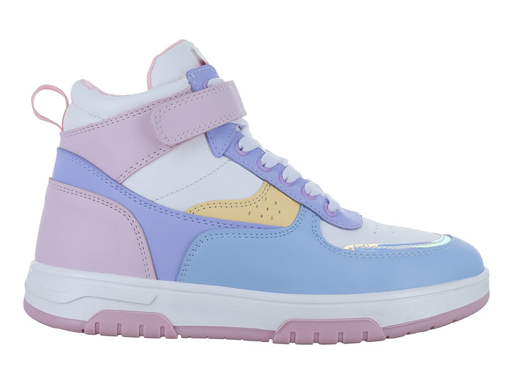 Tenis botín multicolor en tonos pastel con agujetas y correa de velcro.