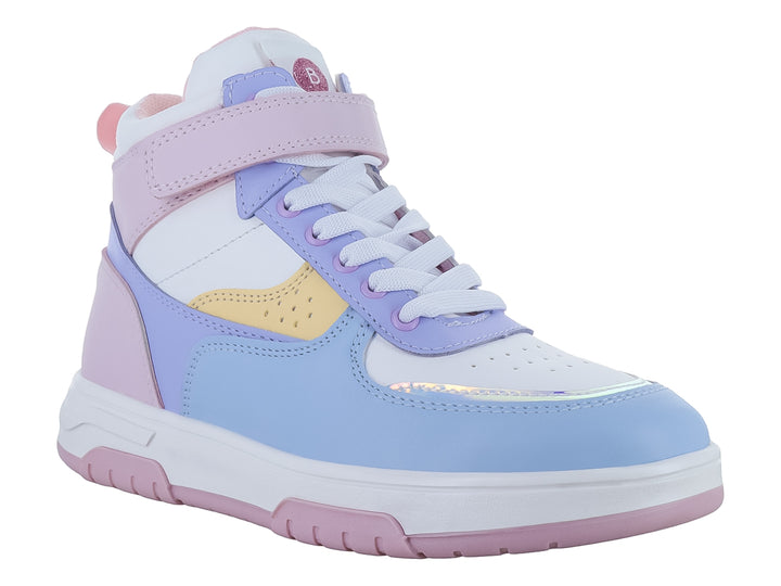 Tenis botín multicolor en tonos pastel con agujetas y correa de velcro.