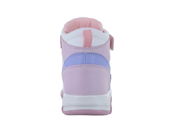 Tenis botín multicolor en tonos pastel con agujetas y correa de velcro.
